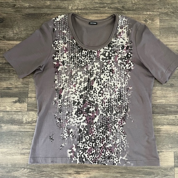 Gerry Weber Short Sleeves Brown Sequined Fitted Top Tee Shirt Sweetheart Neck L - Picture 6 of 12